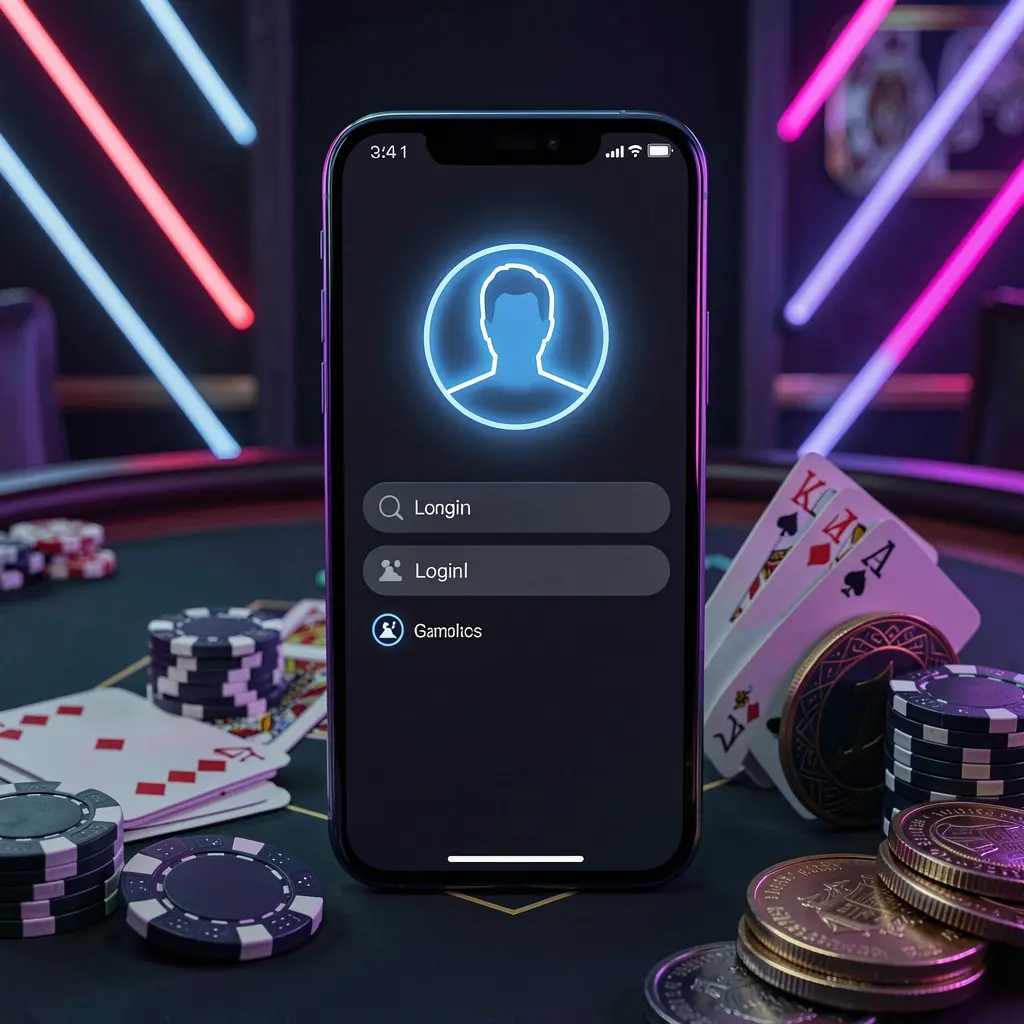 3333F casino app login scene on a smartphone with glowing user profile icon, surrounded by chips, cards, and coins against an elegant dark background with neon highlights