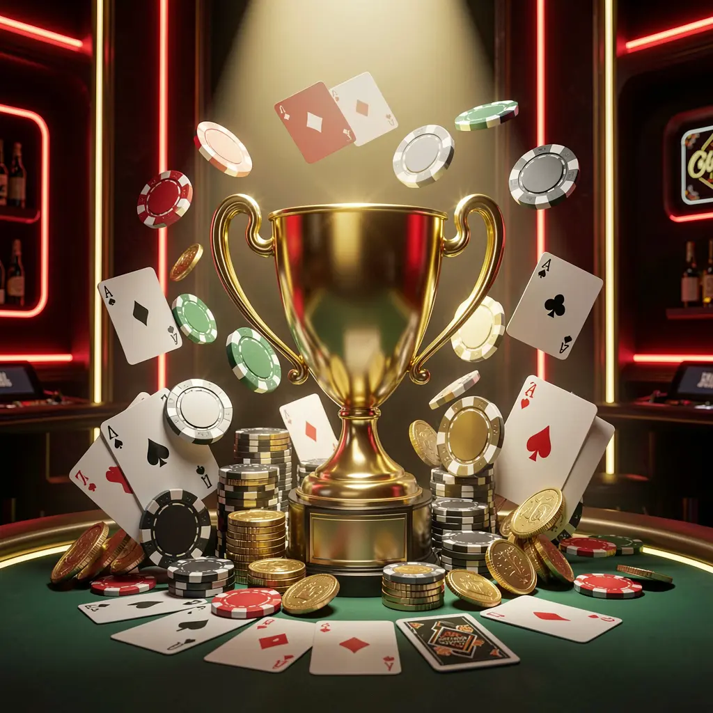 3333F casino tournament bonus concept featuring a golden trophy surrounded by poker chips, playing cards, and coins under a bright spotlight in a competitive luxury casino atmosphere with dark background and red and gold neon accents