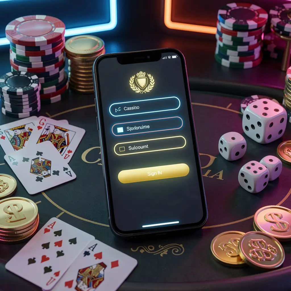 3333F casino account sign in scene with glowing smartphone on casino table surrounded by cards, chips, dice, and gold coins against an elegant dark background with neon highlights