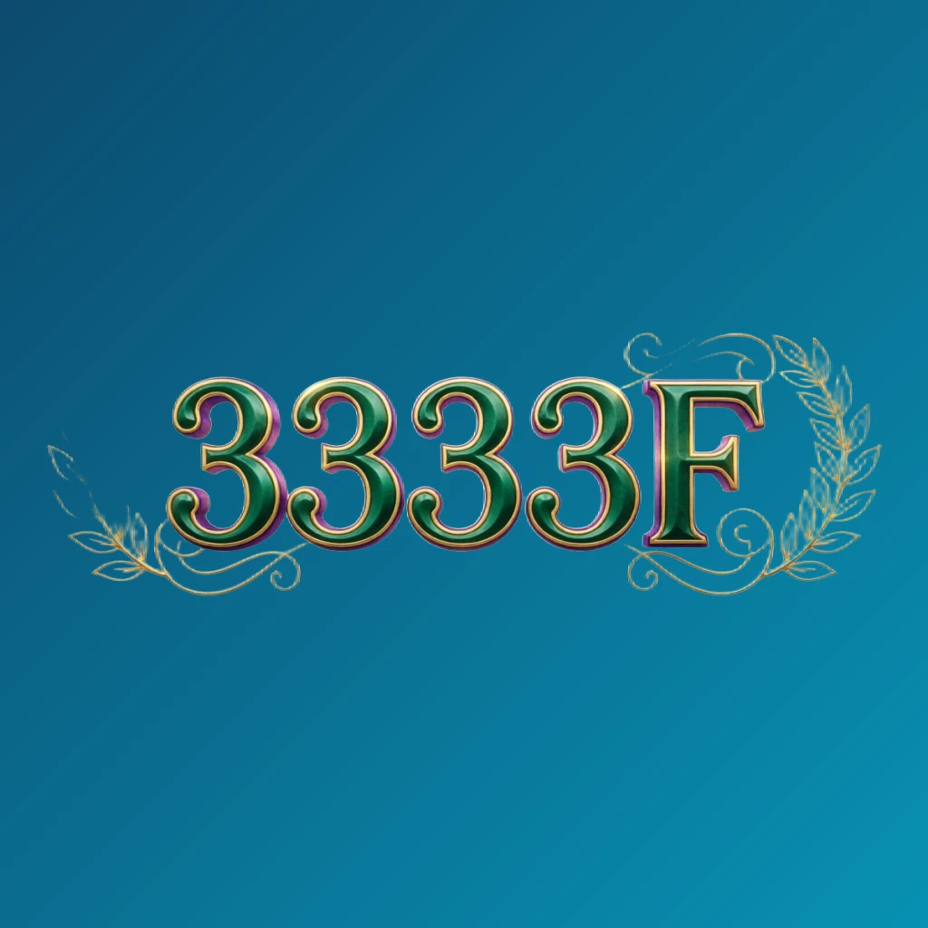 Luxury colorful 3333F logo featuring bold serif typography in rich emerald, violet, and gold with elegant glowing ornaments on a transparent background, designed as a wide horizontal rectangular wordmark for a premium brand identity