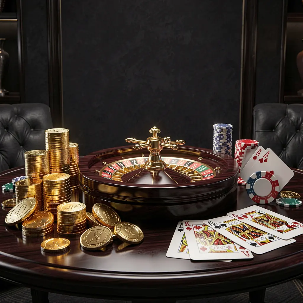 3333F premium online casino banner featuring golden coins, glowing chips, roulette wheel, and cards on a glossy table with an elegant dark background in a high detail realistic 3D render
